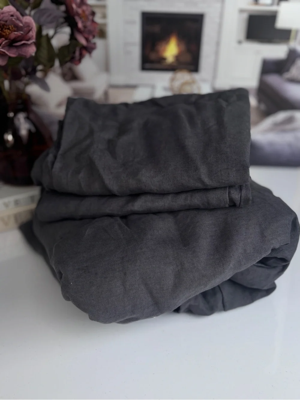 Quince Charcoal European Linen Duvet Cover Set Full/Queen